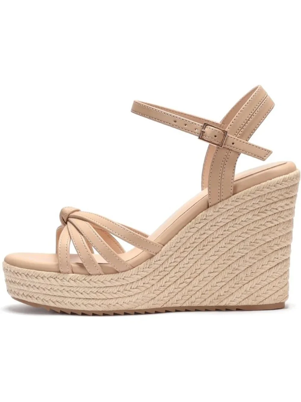 Women's Nude PU Platform Espadrille Wedge Sandals Open Toe Ankle Strap Heels